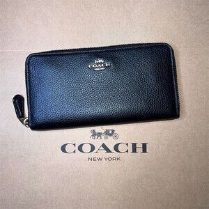 COACH Long Zip-Around Black Pebble Leather Wallet with Gold Hardware AUTHENTIC